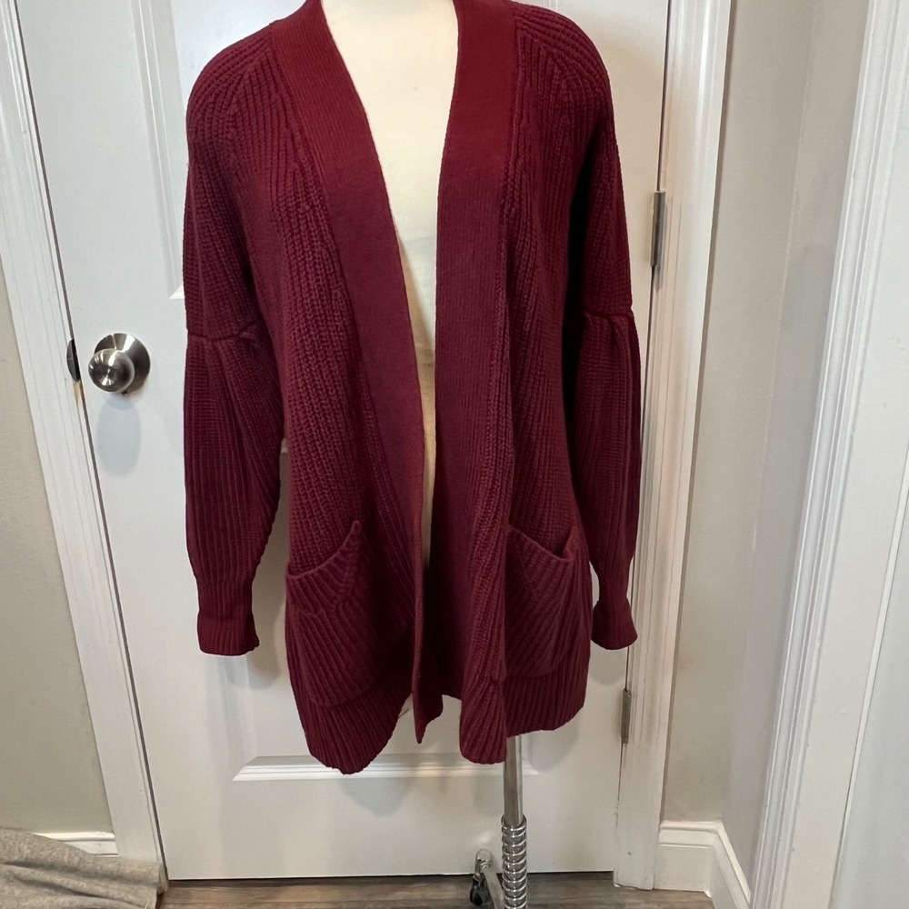 Knitted & Knotted Womens Cardigan Chunky Ribbed Knit Burgundy S